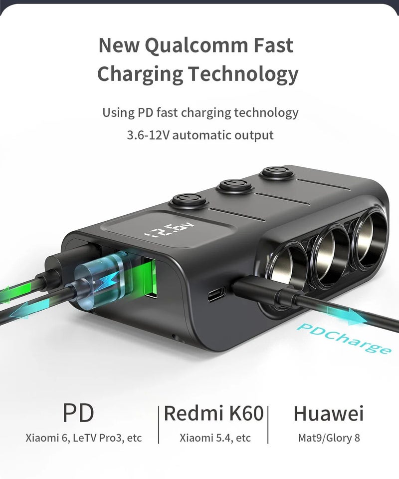 Bluejw Fast 3-Port USB Car Charger Adapter - 120W QC 3.0 PD 3A Cigarette Lighter Splitter - 12V Automobile Chargers with 3 Sockets - Image 5